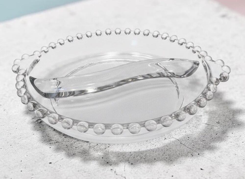 Vintage Imperial Glass Candlewick Divided Relish Dish Beaded Rim Clear